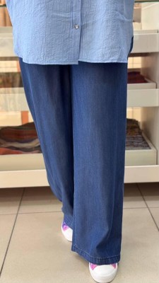 İpekten - Beli Yarı Lastikli Tensel Bol Paça Kot Pantolon Koyu Mavi/2882