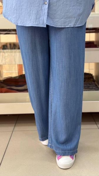 Beli Yarı Lastikli Tensel Bol Paça Kot Pantolon Açık Mavi/2882