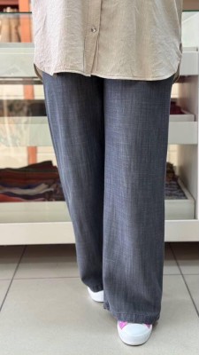 İpekten - Beli Yarı Lastikli Tensel Bol Paça Kot Pantolon Gri/2882