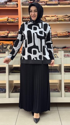 Bluzu Desenli Pileli Etekli Takım Siyah/111302 - Thumbnail