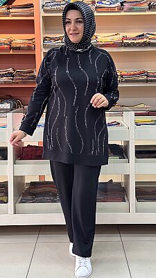 GÜNER - Bluzu Taş Detaylı Pantolonlu Penye Takım Siyah/6227 