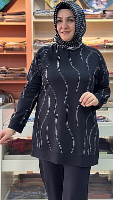 Bluzu Taş Detaylı Pantolonlu Penye Takım Siyah/6227 - Thumbnail