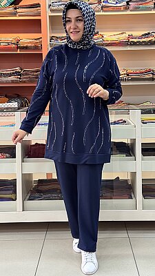 GÜNER - Bluzu Taş Detaylı Pantolonlu Penye Takım Lacivert/6227