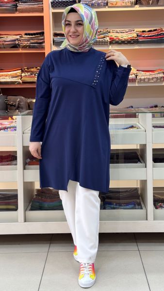 Boncuk Çakmalı Asimetrik Tunik Lacivert/30342 