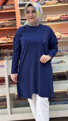 Boncuk Çakmalı Asimetrik Tunik Lacivert/30342 - Thumbnail