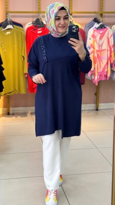 Boncuk Çakmalı Asimetrik Tunik Lacivert/30342 - Thumbnail