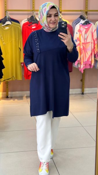 Boncuk Çakmalı Asimetrik Tunik Lacivert/30342 