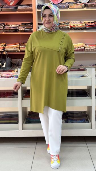 Boncuk Çakmalı Asimetrik Tunik Yağ Yeşili/30342 