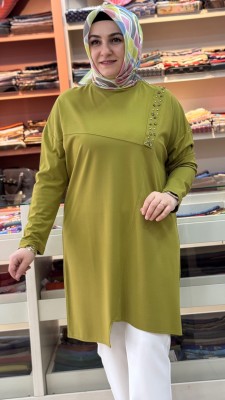 Boncuk Çakmalı Asimetrik Tunik Yağ Yeşili/30342 - Thumbnail