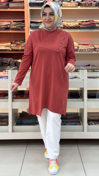 Boncuk Çakmalı Asimetrik Tunik Kiremit/30342