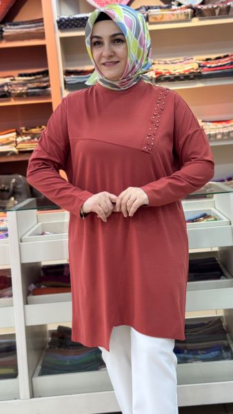 Boncuk Çakmalı Asimetrik Tunik Kiremit/30342