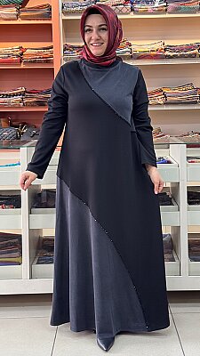 Janset - Boncuk İşlemeli Elbise Siyah/8507 