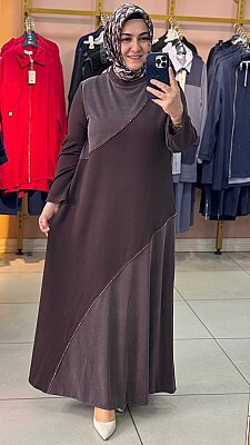 Boncuk İşlemeli Elbise Kahve/8507 - Thumbnail