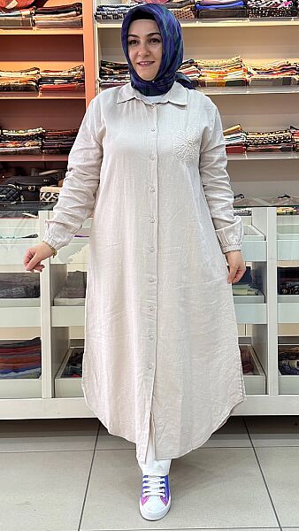 Boncuk İşlemeli Uzun Tunik Bej/ 10798