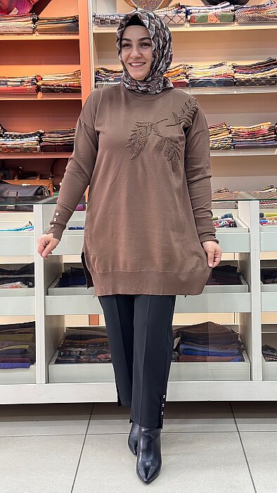 Boncuk Ve Punch İşlemeli Triko Tunik Kahve/3385 