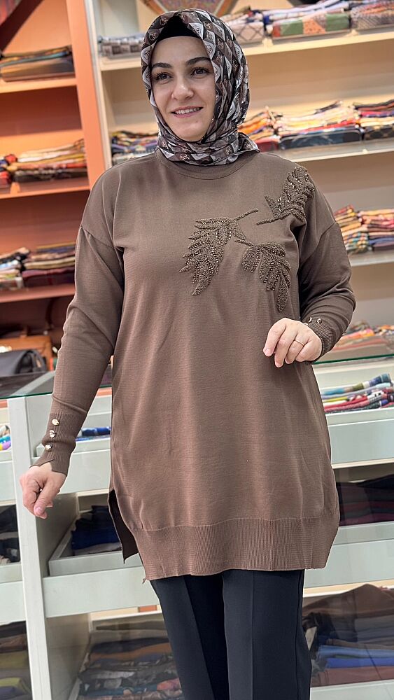 Boncuk Ve Punch İşlemeli Triko Tunik Kahve/3385 - 2