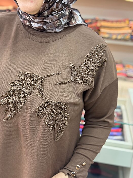 Boncuk Ve Punch İşlemeli Triko Tunik Kahve/3385  - 3