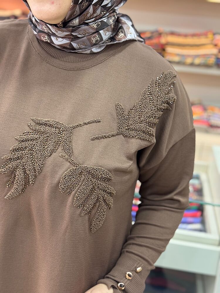 Boncuk Ve Punch İşlemeli Triko Tunik Kahve/3385 - 3