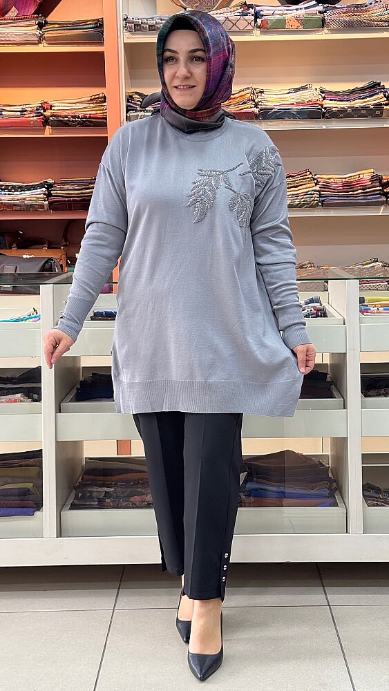 Boncuk Ve Punch İşlemeli Triko Tunik Gri/3385 - 1