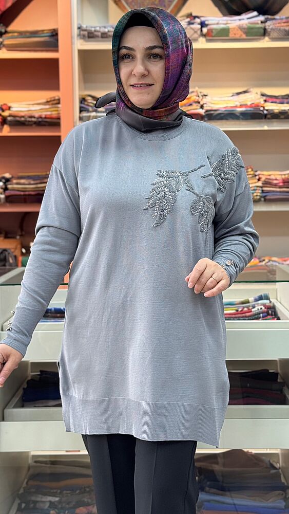 Boncuk Ve Punch İşlemeli Triko Tunik Gri/3385 - 2