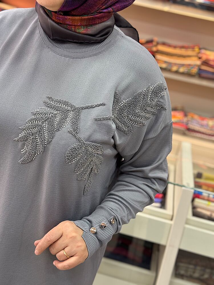 Boncuk Ve Punch İşlemeli Triko Tunik Gri/3385 - 3