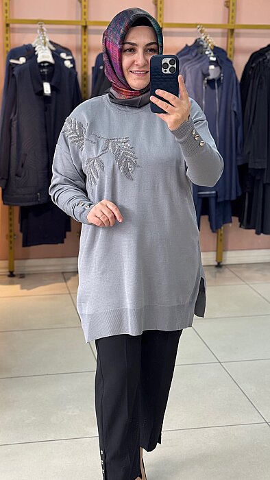 Boncuk Ve Punch İşlemeli Triko Tunik Gri/3385 - 4