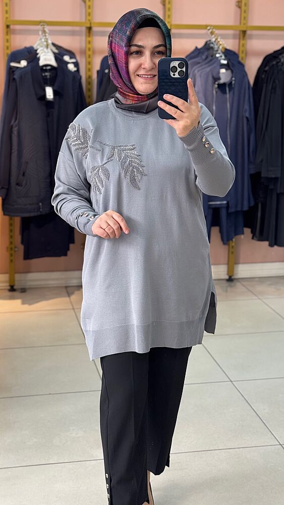 Boncuk Ve Punch İşlemeli Triko Tunik Gri/3385 - 4