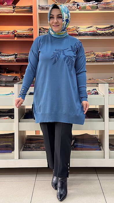 Boncuk Ve Punch İşlemeli Triko Tunik Mavi/3385