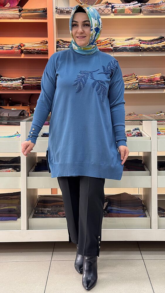 Boncuk Ve Punch İşlemeli Triko Tunik Mavi/3385 - 1