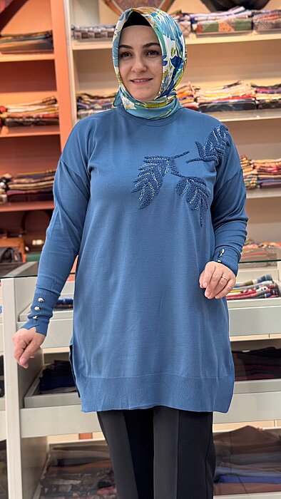 Boncuk Ve Punch İşlemeli Triko Tunik Mavi/3385 - 2
