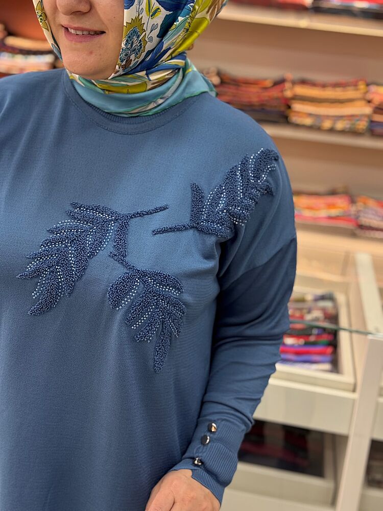 Boncuk Ve Punch İşlemeli Triko Tunik Mavi/3385 - 3