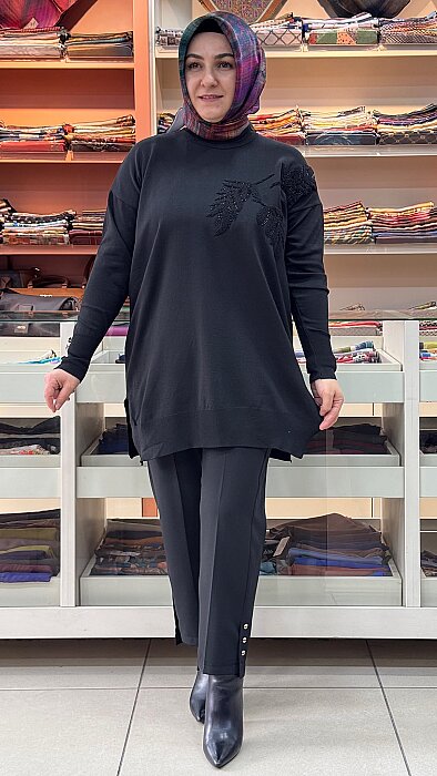 Boncuk Ve Punch İşlemeli Triko Tunik Siyah/3385
