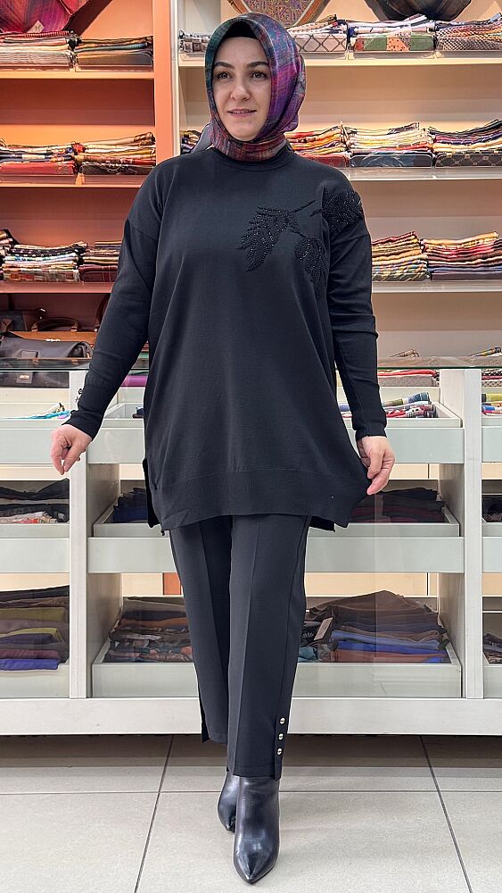 Boncuk Ve Punch İşlemeli Triko Tunik Siyah/3385 - 1