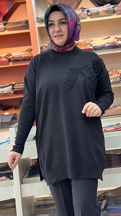 Boncuk Ve Punch İşlemeli Triko Tunik Siyah/3385 - 2