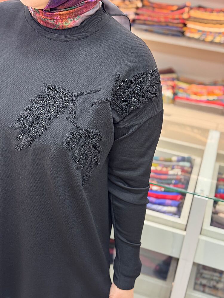 Boncuk Ve Punch İşlemeli Triko Tunik Siyah/3385 - 3