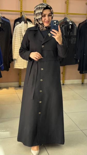 Broş Detaylı Beli Bağlamalı Trençkot Siyah/5473