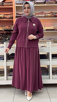 Broş Detaylı Etekli Takım Bordo/3974 - Thumbnail