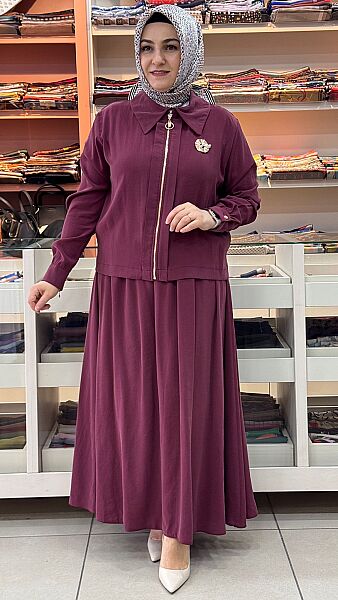 Broş Detaylı Etekli Takım Bordo/3974 