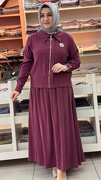 Broş Detaylı Etekli Takım Bordo/3974 
