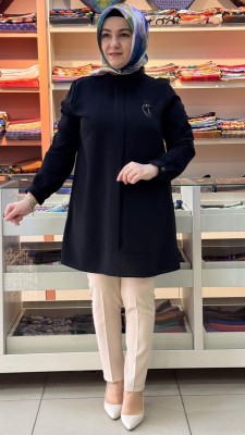 Broş Detaylı Patlı Tunik Siyah/50246 - Thumbnail
