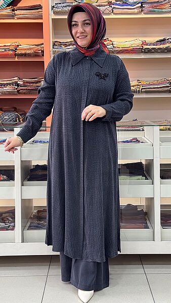 Broş Detaylı Uzun Takım Siyah /3083