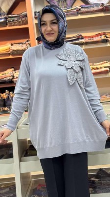 Büyük Çiçek Detaylı Triko Tunik Gri/12550 - Thumbnail