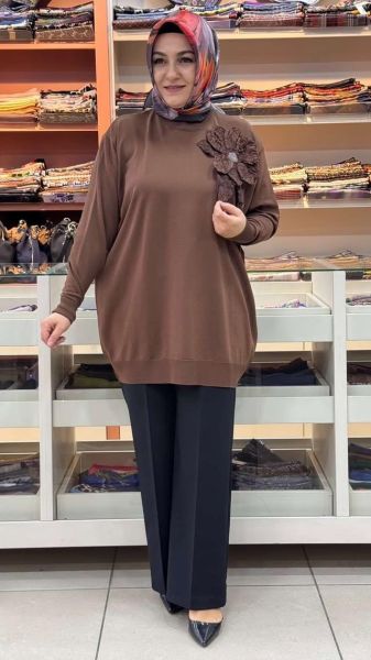 Büyük Çiçek Detaylı Triko Tunik Kahve/12550