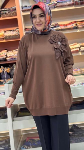 Büyük Çiçek Detaylı Triko Tunik Kahve/12550