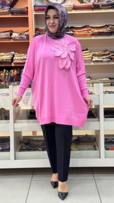  - Büyük Çiçek Detaylı Triko Tunik Pembe/12550