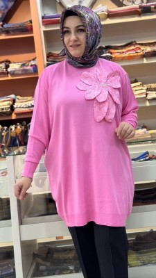 Büyük Çiçek Detaylı Triko Tunik Pembe/12550 - Thumbnail