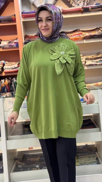 Büyük Çiçek Detaylı Triko Tunik Yeşil/12550