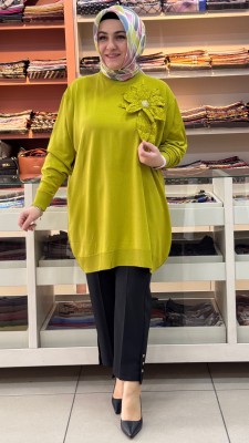 Büyük Çiçek Detaylı Triko Tunik Yeşil/12550 - Thumbnail