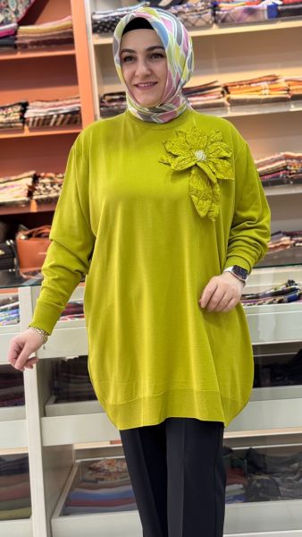 Büyük Çiçek Detaylı Triko Tunik Yeşil/12550