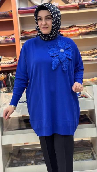 Büyük Çiçek Detaylı Triko Tunik Saks/12550